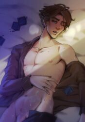 1boy abs adonis_belt arcane arcane_viktor blush brown_hair condom_wrapper cum cum_on_body darkmode_proxy implied_after_sex league_of_legends looking_at_viewer male male_only mole nipples on_bed one_eye_closed open_mouth open_shirt partially_clothed_male pecs penis riot_games short_hair solo solo_male toned_male viktor_(league_of_legends)