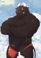 abs anthro assisted_exposure bottomwear bottomwear_pull bovid bovine cattle clothing clothing_pull male mammal muscular nimonotaka outside pants pants_pull pantsing pecs simple_background solo speedo swimwear teasing