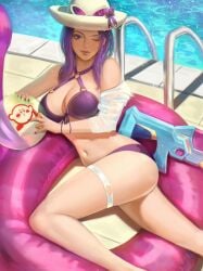 background belly bikini caitlyn_kiramman large_breasts league_of_legends looking_at_viewer nail_polish pool poolside purple_bikini purple_eyes purple_hair ribbon sunglasses_on_head water watergun white_body wink winking_at_viewer