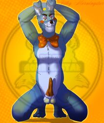 absurd_res anatomically_correct anatomically_correct_penis arms_behind_head arms_up bald balls balls_hang blue_body bowtie buckteeth bunny commission digital_art digital_drawing_(artwork) digital_media_(artwork) digital_painting_(artwork) erection eyeshadow facepaint five_nights_at_freddy's five_nights_at_freddy's_2 fluffy fnaf gay green_eyes hard_on hi_res lagomorph lagomorph_humanoid lagomorph_penis lip_biting looking_at_viewer on_knees penis pose precum precum_drip rabbit red_bowtie red_cheeks riley_morningstar toy_bonnie toy_bonnie_(fnaf) wolf_love