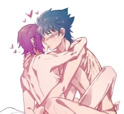 2boys blue_hair blush completely_nude embrace gay gintama heart hearts hearts_around_head hisagi_(hria_h) implied_anal implied_sex kawakami_bansai kissing leg_lock male male_only nude purple_hair sitting takasugi_shinsuke wholesome yaoi