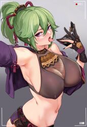 1girls 2022 absurd_res blush breasts clothed clothed_female female female_only genshin_impact green_hair hips huge_breasts kuki_shinobu looking_at_viewer loooyd medium_hair midriff naughty_face ponytail purple_eyes slim_waist suggestive_look tied_hair tight_clothing tongue tongue_out wide_hips