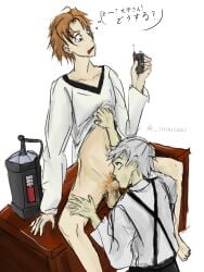 2boys atsushi_nakajima blowjob blowjob_face bomb bottomless brown_hair bungo_stray_dogs cock_gobble cock_hungry cum_hungry deepthroat dubious_consent erection fellatio gay giving_head going_down_on hanging_balls japanese_text kneeling kneeling_oral_position knob_polishing leg_grab looking_at_object mouth_full_of_cock mouthful oral oral_sex pants_removed partially_clothed partially_nude penis penis_in_mouth playing_skinflute pubic_hair remote_controller shirt_lift shunshou sitting_on_desk sketch spread_legs sucking_off suspenders tanizaki_junichirou thought_bubble translated white_background white_hair yaoi