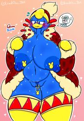 anthro avian belly big_breasts bird blue_body blue_eyes blue_nipples blush breasts clothing english_text female genderswap genderswap_(mtf) genital_piercing genitals gloves half-closed_eyes handwear hat headgear headwear heart hi_res huge_breasts hyper hyper_breasts king_dedede kirby_(series) leggings legwear lewdchuu_(artist) milk_carton mostly_nude mtf_crossgender narrowed_eyes navel nintendo nipple_piercing nipples open_mouth penguin piercing pubes pussy pussy_piercing robe rule_63 slightly_chubby solo speech_bubble text thick_thighs video_games