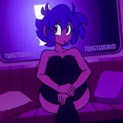 2d 2d_animation animated big_breasts blue_hair breasts cleavage color colored curvy emi emi_(character) emi_(twistedgrim) female female_focus female_only huge_breasts no_sound original original_character purple_eyes reveal revealing thick_thighs thighs titty_drop twistedgrim video