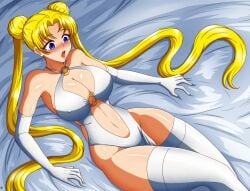 1girls aged_up alternate_body_size alternate_breast_size bed big_breasts bishoujo_senshi_sailor_moon blonde_hair blue_eyes blush breasts busty child_bearing_hips cleavage clothing double_bun dress female female_only gloves hips huge_breasts kmkzart large_breasts legs long_hair navel o-ring open_mouth solo stockings thick_thighs thighhighs thighs twintails usagi_tsukino voluptuous wide_hips