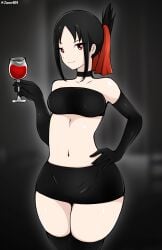 1girls alternate_costume belly_button big_ass black_gloves black_hair black_skirt black_stockings black_topwear blurry_background choker exposed_midriff hips huge_ass kaguya-sama_wa_kokurasetai_~tensai-tachi_no_renai_zunousen~ latex_gloves long_gloves miniskirt red_eyes red_wine shinomiya_kaguya short_skirt smile solo stockings thick_thighs thighhighs tubetop wide_hips wine wine_glass zonen404