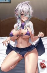 alternate_version_available big_breasts blue_eyes bowtie ear_piercing eyepatch looking_at_viewer navel_piercing onedoo original pointy_ears purple_bra purple_panties queen_of_spades skirt skirt_lift solo_female tattoo tattoo_on_breast white_hair