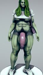 1futa 3d bottomless clothed clothing condom flaccid futa_only futanari green_eyes green_hair green_skin hdregrets huge_cock large_breasts large_penis marvel mostly_nude muscular muscular_futanari pubic_hair she-hulk standing thick_thighs underboob