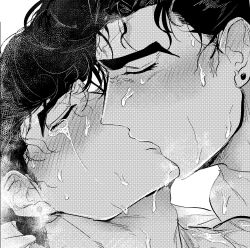 2boys age_difference blush closed_eyes dark_hair diamond_is_unbreakable ear_studs gay gay_incest gay_kissing incest jojo's_bizarre_adventure josuke_higashikata jotaro_kujo kissing male male/male male_only monochrome offscreen_sex peronuru pierced_ears teardrop uncle_and_nephew yaoi