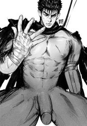 1boy bandaged_hand bara barayot berserk black_hair guts_(berserk) male male_nipples male_only monochrome muscular_male one_eye_closed pecs penis solo solo_male