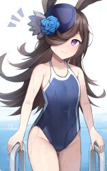 blush brown_hair closed_mouth female light-skinned_female light_skin one_eye_covered purple_eyes rice_shower_(umamusume) school_swimsuit small_breasts smiling solo_focus swimsuit swimwear t373412 umamusume water wet wet_body