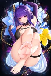 1girls 2022 absurd_res bare_legs barefoot beauty_mark blush breasts cleavage damao_yu embarrassed feet female female_only foot_fetish genshin_impact hips huge_breasts long_hair mole_under_eye purple_eyes purple_hair raiden_shogun slim_waist thick_thighs thighs wide_hips