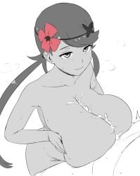 1boy 1girls 2022 after_paizuri alternate_breast_size breasts cleavage cum cum_between_breasts cum_on_breasts dark-skinned_female dark_skin faceless_male female flower flower_in_hair game_freak highres huge_breasts male mallow_(pokemon) monochrome nao_(ritsancrossover) nintendo paizuri pokemon pokemon_sm pressing_breasts_together smile solo_focus twintails white_background