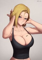 1girls android android_18 barcode barcode_tattoo blonde_hair blue_eyes breast_focus breasts dragon_ball dragon_ball_z kris_null looking_at_viewer neck_lenght_hair tagme tank_top tattoo