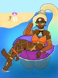 beach bikini black_skin crystals dark-skinned_female dark_skin female_only green_eyes jewelry league_of_legends nidalee no_panties ocean ocean_song_nidalee partially_submerged pussy small_breasts strapless strapless_top strapless_topwear teasing tubetop