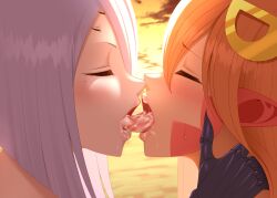 2girls beach blacksaikou blush bodily_fluids closed_eyes color colored cum_sharing duo female female_only french_kiss kissing lamia miia_(monster_musume) monster_girl monster_musume_no_iru_nichijou multi_eye open_mouth purple_hair rachnera_arachnera red_hair saliva sharing_cum spider_girl sunset tongue tongue_kiss tongue_out yuri