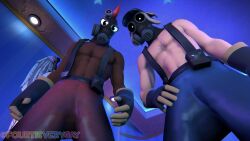 2boys 3d black_body chest_hair chromatic_aberration clothing dominant_male fourtisverygay gay highres looking_at_viewer looking_down male male_only muscle pov pyro sfm team_fortress_2 white_body