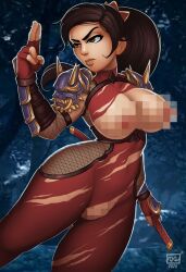 1girls alternate_version_available asian asian_female bodysuit breasts_out brown_eyes brown_hair censored female female_only fingerless_gloves large_breasts looking_away monolithic-sloth mosaic_censoring ninja pauldrons pinup ponytail pose skin_tight solo soul_calibur sword taki torn_clothes