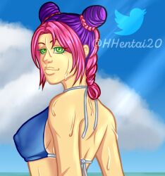 1girls beach bikini female female_only fully_clothed green_eyes hhentai20 jojo's_bizarre_adventure jolyne_kujo pink_hair purple_hair solo stone_ocean swimsuit twitter_username