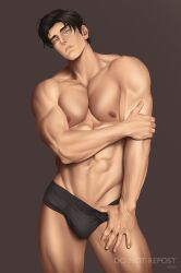 1boy batman_(series) bulge dc dc_comics dick_grayson horaseiji looking_at_viewer male male_only muscles muscular muscular_male nightwing pinup posing pulling_underwear solo_male teasing teen_titans underwear