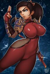 1girls alternate_version_available asian asian_female bodysuit brown_eyes brown_hair clothed clothed_female clothes clothing female female_only fingerless_gloves fully_clothed large_breasts looking_away monolithic-sloth ninja pauldrons pinup ponytail pose skin_tight solo soul_calibur sword taki