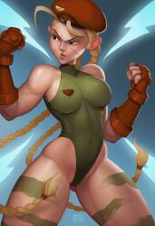 1girls bare_thighs blonde_hair braided_twintails cammy_white clothed female female_only fingerless_gloves fully_clothed hat large_breasts leotard long_hair looking_away monolithic-sloth muscular_female pinup posing scar skimpy skin_tight solo street_fighter twintails