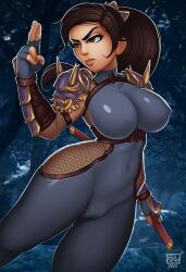 1girls alternate_version_available asian asian_female bodysuit brown_eyes brown_hair cameltoe clothed clothed_female clothes clothing female female_only fingerless_gloves fully_clothed large_breasts looking_away monolithic-sloth ninja pauldrons pinup ponytail pose skin_tight solo soul_calibur sword taki