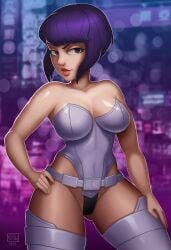 1girls 2020 alternate_version_available bare_thighs bob_cut cleavage clothed female female_only fingerless_gloves ghost_in_the_shell ghost_in_the_shell_stand_alone_complex hand_on_hip kusanagi_motoko large_breasts leotard monolithic-sloth pinup pinup_pose posing purple_eyes purple_hair short_hair skimpy smile solo thick_thighs voluptuous