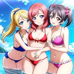 ai_generated ayase_eli beach black_hair blonde_hair blue_bikini blue_eyes blush double_ponytail eyes in_water long_hair love_live! love_live!_school_idol_project nishikino_maki open_mouth pink_bikini ponytail purple_eyes red_bikini red_hair short_hair smile yazawa_nico