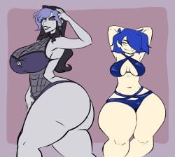 2girls arms_behind_head arms_up ass aunt aunt_and_niece big_ass big_breasts bikini blue_eyes blue_hair bottom_heavy breasts cerealharem_(artist) cleavage curvy curvy_figure duel_masters duel_masters_cobalt ear_piercing earrings female female_only front_view grey_skin hair_over_one_eye hands_behind_head hourglass_figure huge_ass huge_breasts light-skinned_female long_hair looking_at_viewer medium_breasts niece one-piece_swimsuit one_eye_covered piercing pose posing rebecca_(duel_masters_cobalt) red_eyes short_hair showing_off sideboob simple_background smile smiling swimsuit thick_thighs two_tone_hair vivian_(duel_masters_cobalt) wide_hips