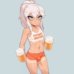 1boy beer blue_eyes blush cody_(dross) crop_top femboy femboy_hooters hooters jtveemo male male_only petite ponytail shorts sidelocks sissy solo_focus tanline trap white_hair