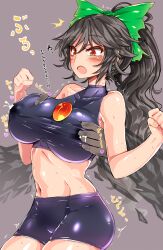 1boy 1boy1girl 1girls belly_button black_hair blush bow breast_grab breasts clothed collarbone dark-skinned_male dark_skin groping groping_from_behind heart japanese_text lactating lactation lactation large_breasts latex light-skinned_female light_skin long_hair navel okuu open_mouth ponytail red_eyes reiuji_utsuho ribbon roki_(hirokix) shorts sleeveless sweat thighs touhou translation_request utsuho_reiuji wings