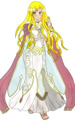 1girls arm_under_breasts baningu_bureivu bare_arms blonde_hair breasts cape dress female female_only fire_emblem fire_emblem:_the_binding_blade full_body green_eyes large_breasts legs long_hair looking_at_viewer nintendo saint_elimine_(fire_emblem) smile solo very_long_hair white_background wide_hips