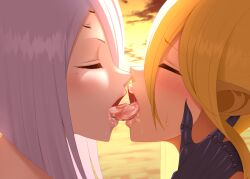 2girls beach blacksaikou blonde_hair blush bodily_fluids centaur centorea_shianus closed_eyes color colored duo female female_only french_kiss kissing monster_girl monster_musume_no_iru_nichijou multi_eye multiple_girls open_mouth rachnera_arachnera saliva spider_girl taur tongue tongue_kiss tongue_out yuri