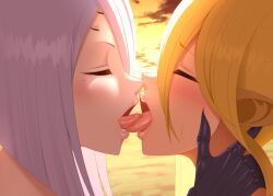 2girls beach blacksaikou blonde_hair blush centaur centorea_shianus closed_eyes color colored duo female female_only french_kiss kissing monster_girl monster_musume_no_iru_nichijou multi_eye multiple_girls open_mouth rachnera_arachnera saliva spider_girl taur tongue tongue_kiss tongue_out yuri