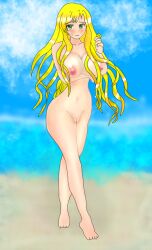 1girls arm_under_breasts baningu_bureivu bare_arms beach blonde_hair breasts completely_nude embarrassed female female_only fire_emblem fire_emblem:_the_binding_blade frown full_body green_eyes large_breasts legs long_hair looking_at_viewer nervous nintendo nipples nude nude_female ocean outdoors pussy saint_elimine_(fire_emblem) solo sweatdrop very_long_hair wavy_mouth wide_hips