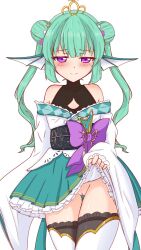 bottomless crown dress dress_lift finana_ryugu finana_ryugu_(2nd_costume) green_hair lifting_skirt nijisanji nijisanji_en no_panties purple_eyes showing_pussy thighhighs virtual_youtuber wet_pussy