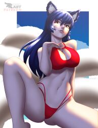 2022 ahri animal_ears ass barefoot bikini black_hair breasts cleavage exael facial_markings fox_ears fox_tail league_of_legends multiple_tails navel red_bikini riot_games spread_legs swimsuit tagme tail thighs yellow_eyes