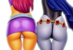 2girls ass ass_focus belt cloak dat_ass dc dc_comics drew_gardner female female_only grey_skin highleg highleg_leotard koriand'r leotard miniskirt orange_skin rachel_roth raven_(dc) red_hair starfire straight_hair superheroine teen_titans teenage_girl teenager thong thong_leotard white_background