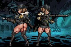 big_breasts darkest_dungeon green_eyes hair_bun hat musket musketeer_(darkest_dungeon) niur pistol sex_toy short_hair vibrator vibrator_in_pussy vibrator_in_thighhighs