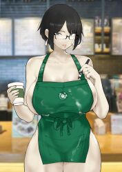 1girls absurd_res absurdres apron big_breasts black_hair breasts busty cleavage curvaceous curves curvy curvy_body curvy_female curvy_figure emotionless emotionless_female female female_focus female_only glasses grace_(puzenketsu) huge_breasts indifference indifferent large_breasts mature mature_female mature_woman mole mole_under_mouth naked_apron nodo original principal puzenketsu seductive seductive_eyes seductive_look short_hair solo solo_female unamused unaware unbothered uncaring unenthusiastic voluptuous