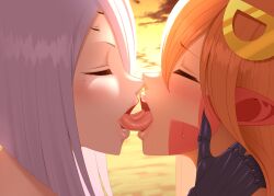 2girls beach blacksaikou blush closed_eyes color colored duo female female_only french_kiss kissing lamia miia_(monster_musume) monster_girl monster_musume_no_iru_nichijou multi_eye multiple_girls open_mouth purple_hair rachnera_arachnera red_hair saliva spider_girl sunset tongue tongue_kiss tongue_out yuri