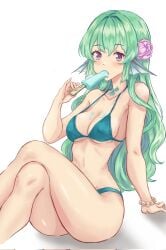 bikini bikini_bottom bikini_top finana_ryugu fish_girl green_hair hair_ornament medium_breasts nijisanji nijisanji_en popsicle popsicle_melting purple_eyes virtual_youtuber