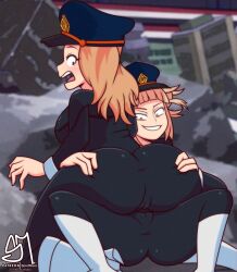 2girls absurd_res ass ass_grab blonde_hair bodysuit brown_eyes cameltoe camie_utsushimi camie_utsushimi_(cosplay) female female_only hero_outfit_(mha) hi_res himicamie himiko_toga looking_back my_hero_academia on_top semidraws shiketsu_high_school_cap smile thighs toga_himiko utsushimi_camie utsushimi_camie_(cosplay) yuri