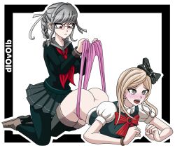 2girls ass blonde_hair blush danganronpa danganronpa_2:_goodbye_despair dlovolb embarrassed exposed_ass grey_hair large_ass multiple_girls panties pekoyama_peko pink_panties red_eyes school_uniform sonia_nevermind straight_hair tagme thighhighs wedgie