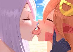 2girls beach blacksaikou blush closed_eyes color colored duo female female_only french_kiss kissing lamia miia_(monster_musume) monster_girl monster_musume_no_iru_nichijou multi_eye multiple_girls open_mouth purple_hair rachnera_arachnera red_hair saliva spider_girl tongue tongue_kiss tongue_out yuri