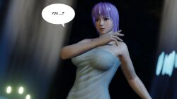 1girls 3d ass ayane_(doa) big_breasts dead_or_alive female female_only night nightfall outside pool poolside purple_hair red_eyes solo towel