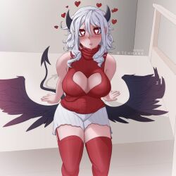 1girls big_breasts boob_window busty cleavage demon demon_girl demon_horns demon_tail female female_focus female_only floating_heart heart heart-shaped_boob_window heart-shaped_pupils heart_shape helltaker large_breasts looking_at_viewer modeus_(helltaker) pale-skinned_female red_eyes straight_hair tehhank white_hair wings