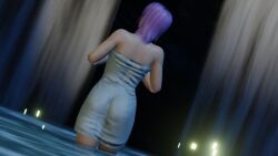 1girls 3d ass ayane_(doa) dead_or_alive female female_only night nightfall outside pool poolside purple_hair solo towel